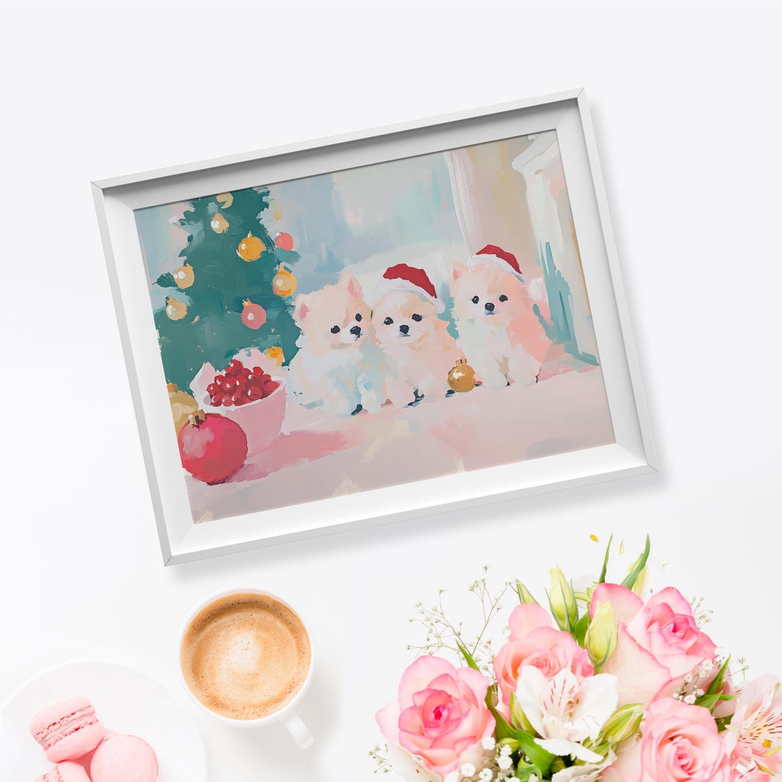 Three White Puppies Red Santa Hats Christmas Tree Holiday Poster - Image 5