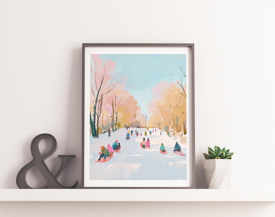 Kids Sledding Down A Snowy Pastel Park Hill Winter Holiday Art Poster - Image 4