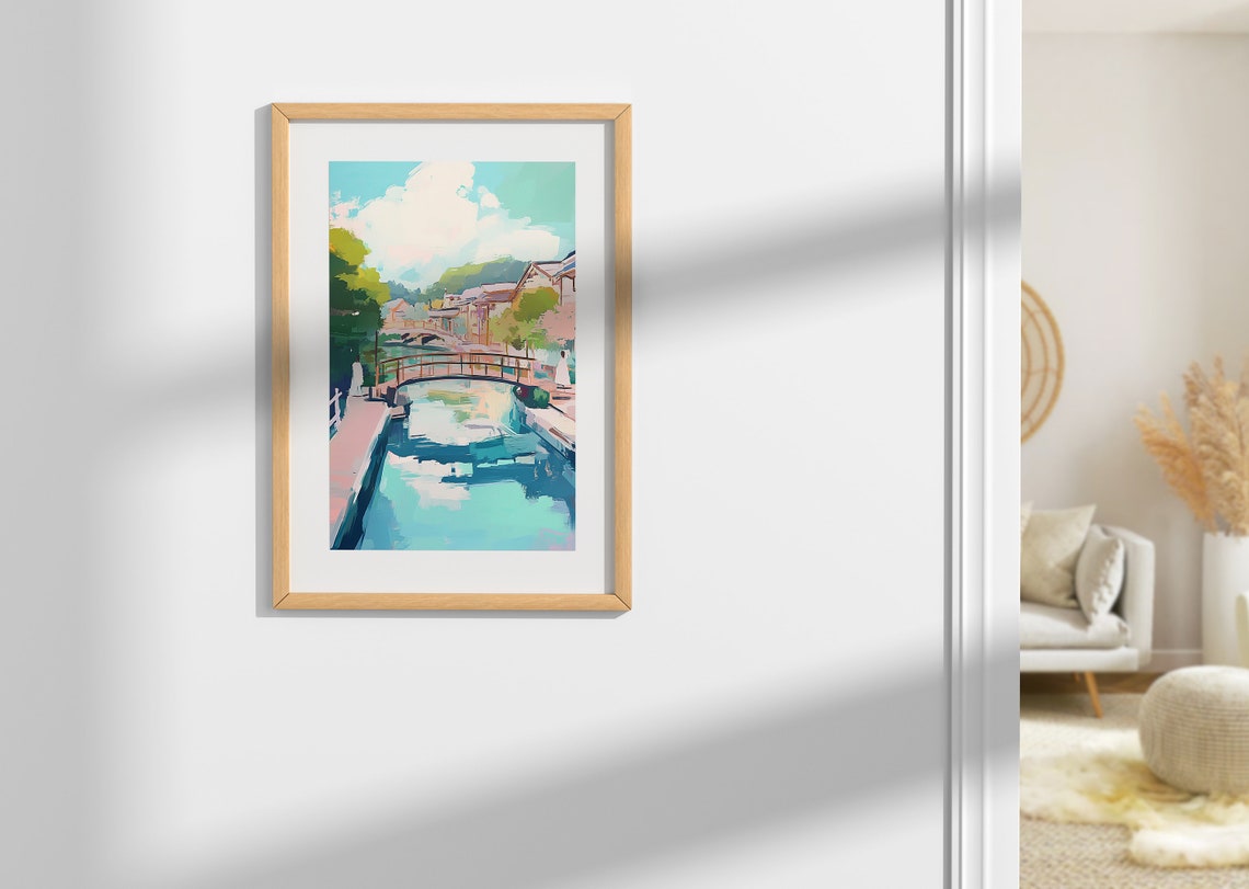 Arched Bridge Over Turquoise Canal in Old Town Pastel Travel Poster - Image 2