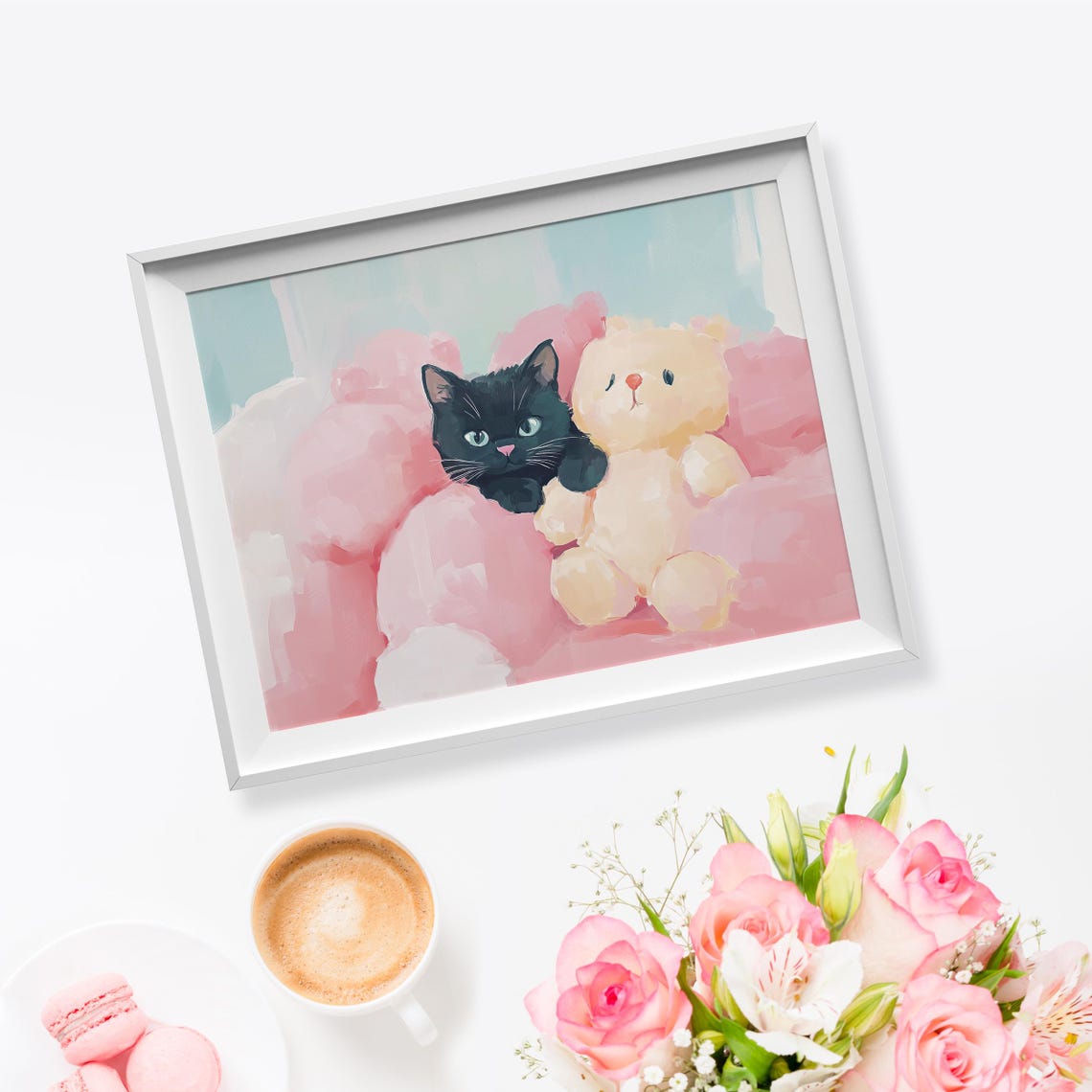Black Kitten Cuddling Teddy Bear Pastel Pink Nursery Kawaii Art Poster - Image 5