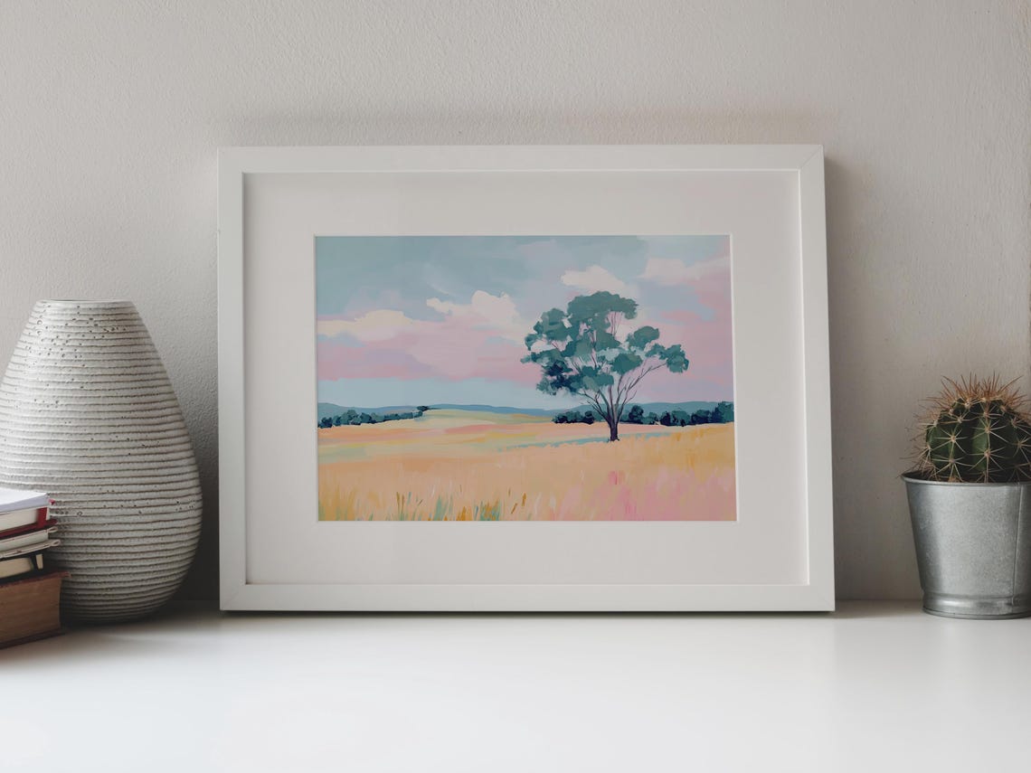 Golden Grass Field Lone Eucalyptus Tree Pink Sky Outback Art Poster - Image 4