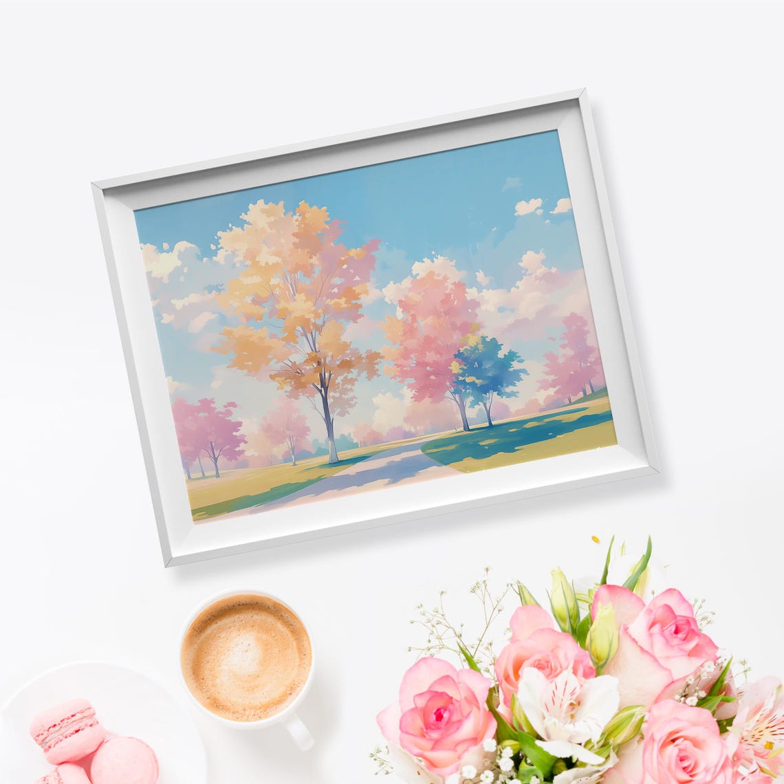 Pastel Spring Park Pink Blossom Trees Winding Path Art Poster - Image 5