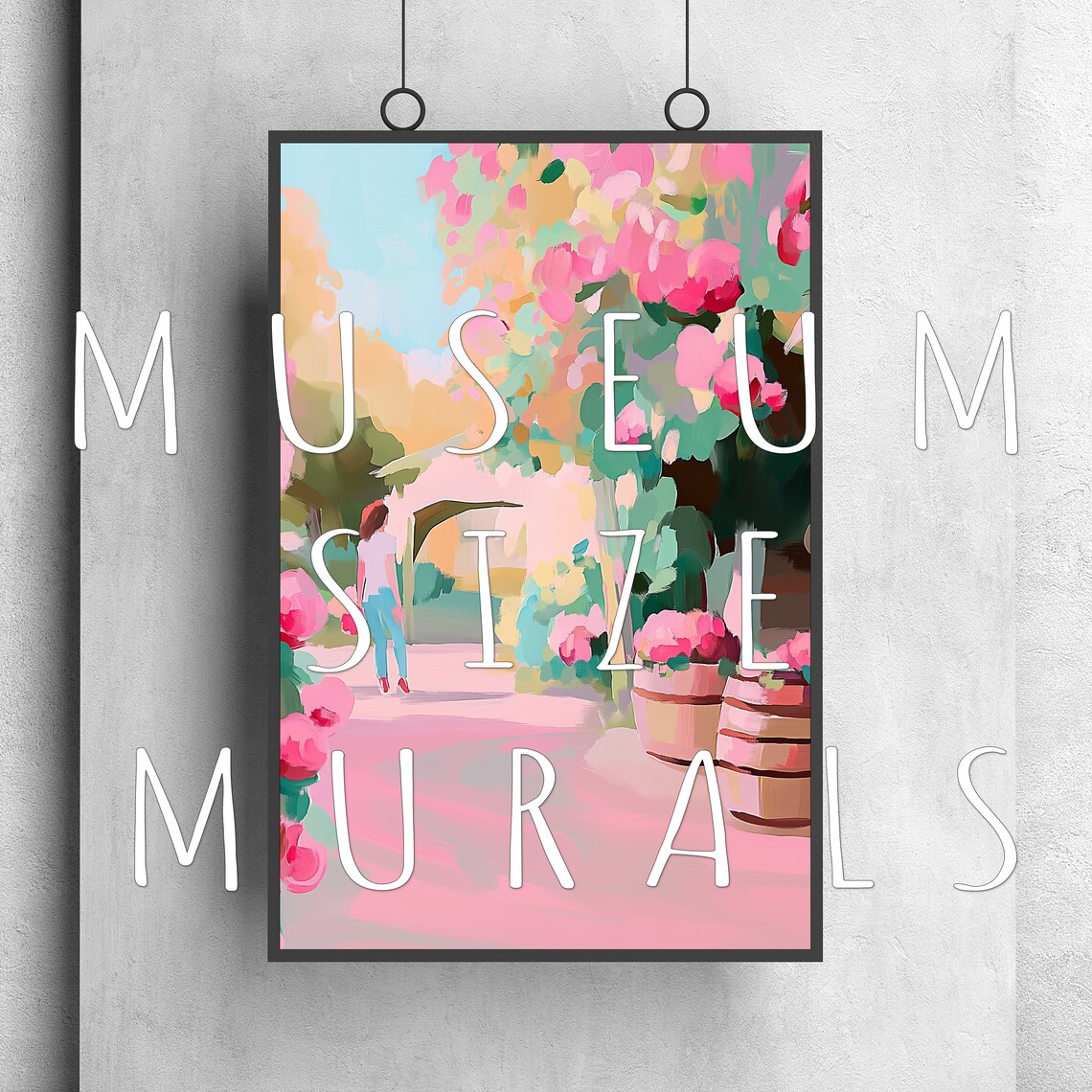 Woman Strolling Pink Flower Garden Arch Pastel Oil Painting Wall Poster - Image 3