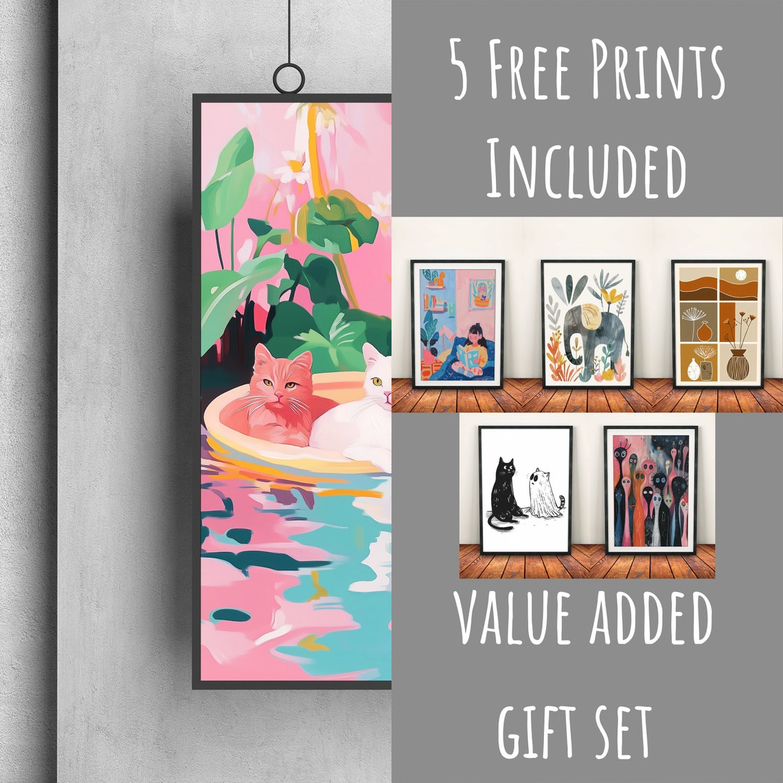 Three Cats in Yellow Boat Floating Tropical Playful Art Poster - Image 3