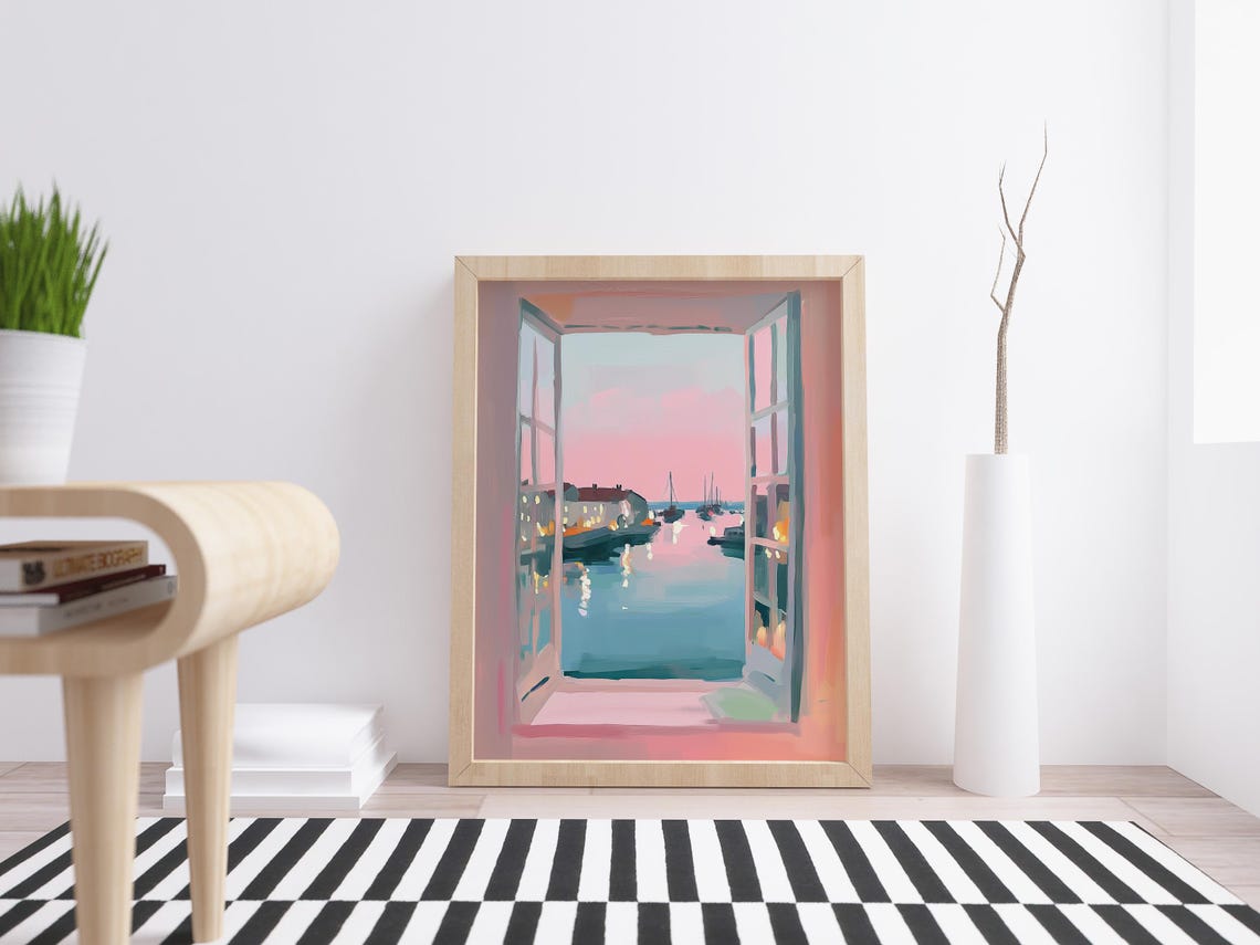 Open Window Harbor View Dusk Boats Pink Sky Coastal Art Poster - Image 4