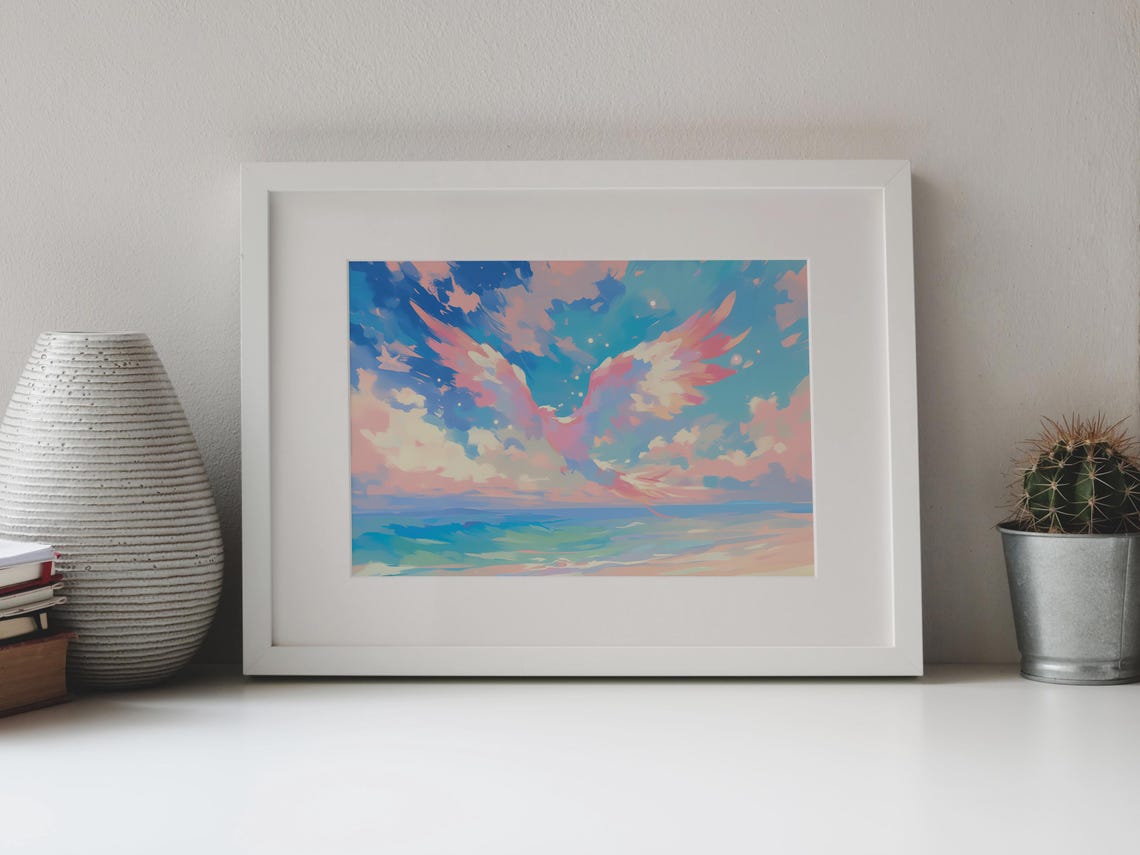 Pastel Phoenix Rising Over Ocean Sunset Clouds Fantasy Art Poster - Image 4