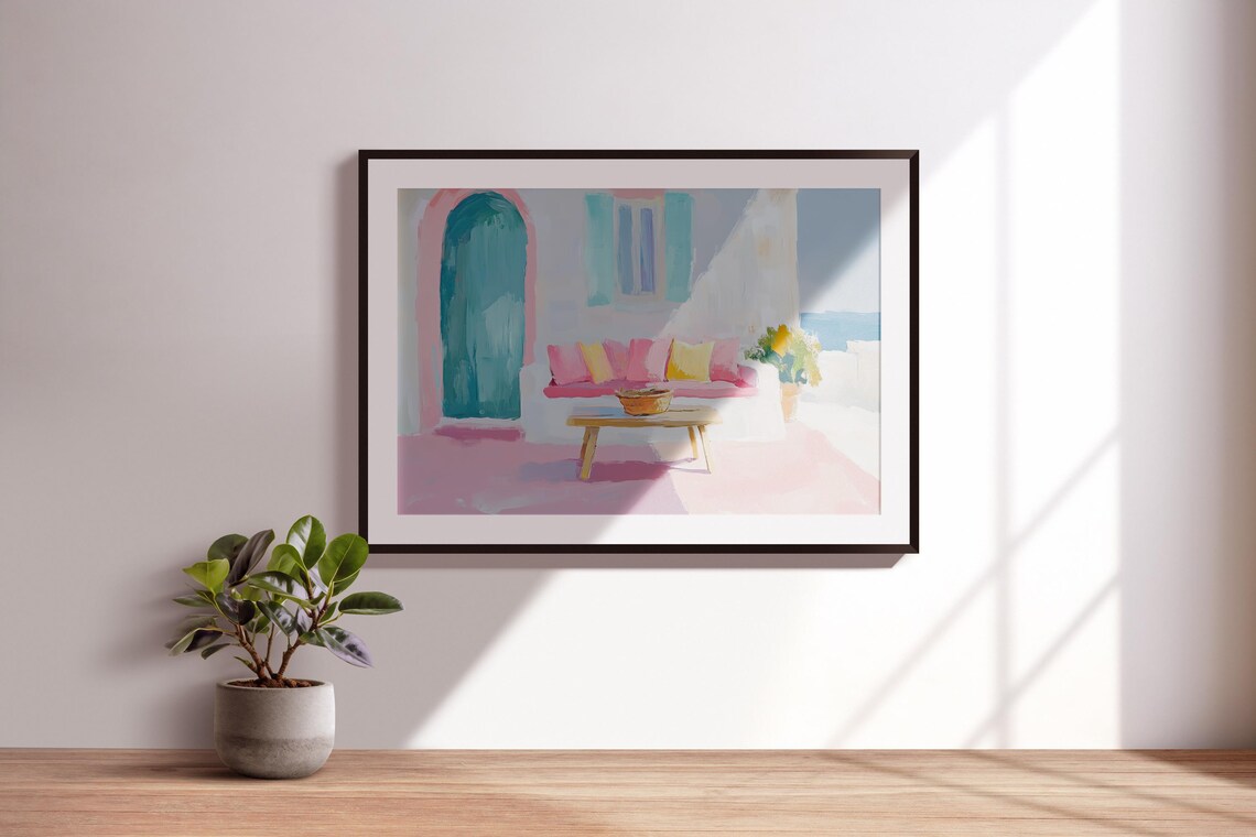 Mediterranean Terrace With Teal Arched Door Pastel Sea View Painting Poster - Image 3