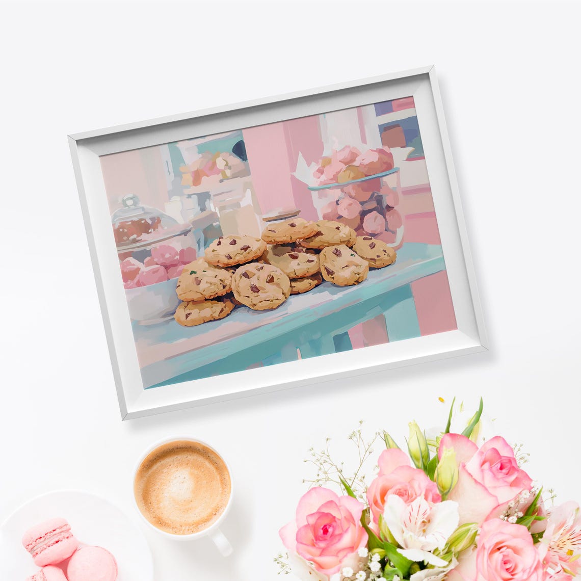 Stack Of Chocolate Chip Cookies On Pastel Blue Table Kitchen Poster - Image 5