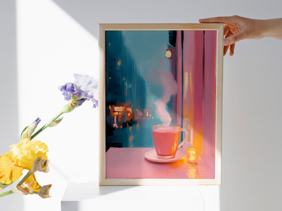 Rainy Day Pink Tea by the Window Cozy Hygge Kitchen Art Poster Print - Image 2