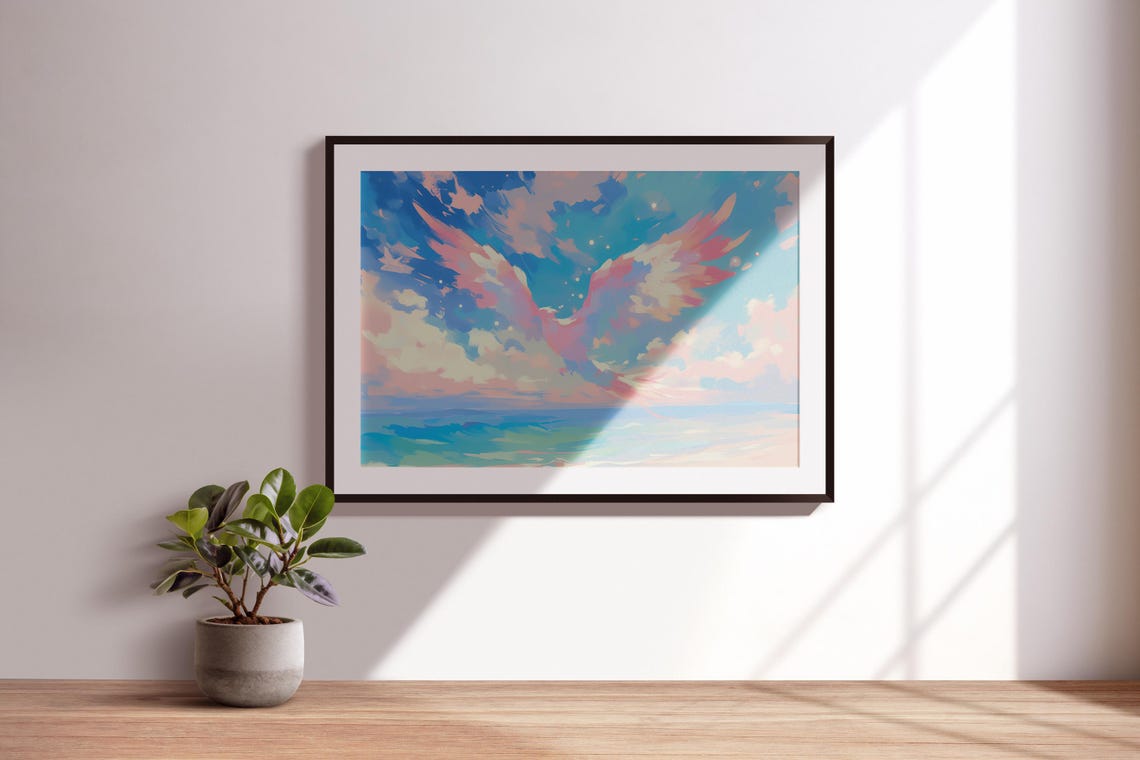 Pastel Phoenix Rising Over Ocean Sunset Clouds Fantasy Art Poster - Image 3