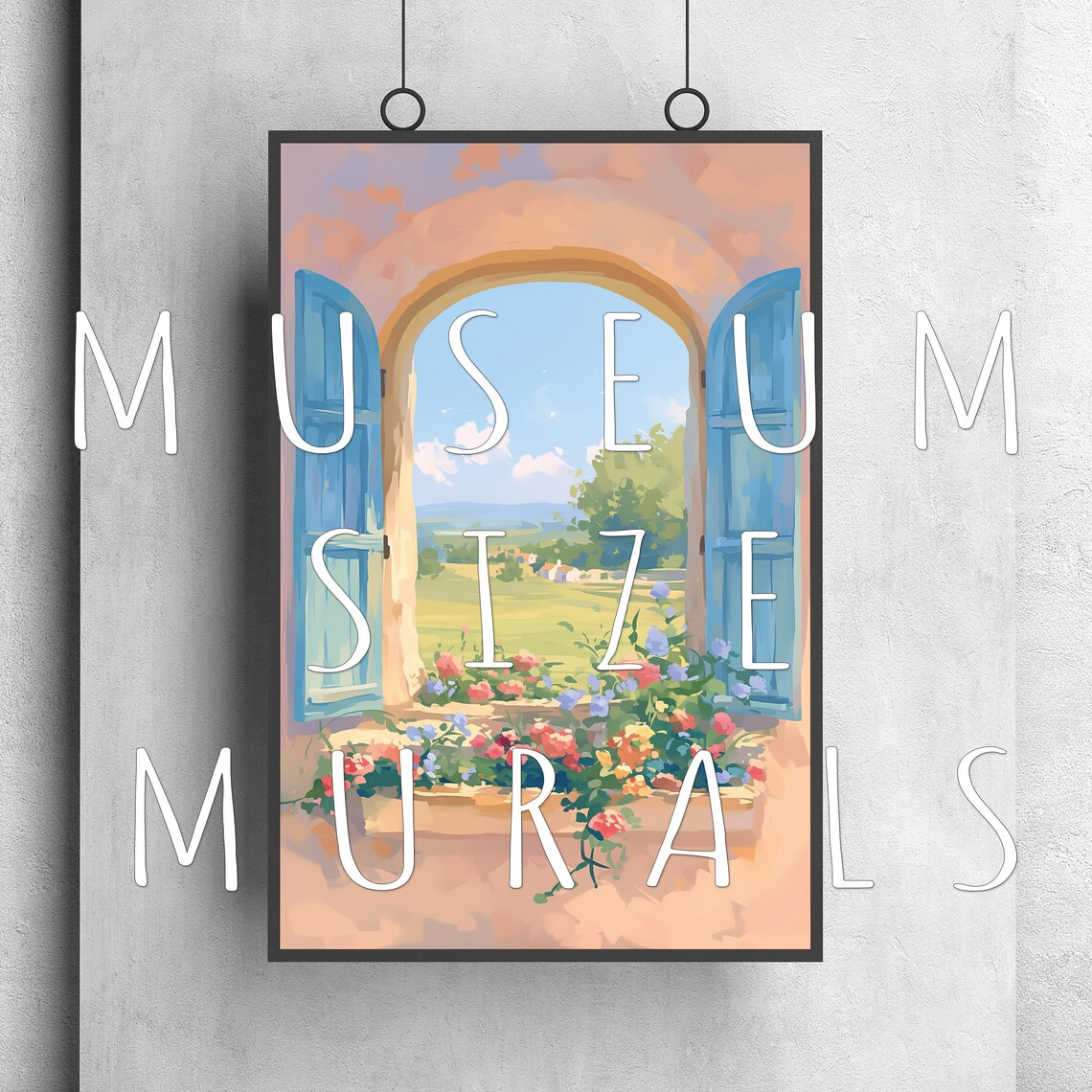 Open Arched Window Blue Shutters Flower Boxes Sunny Countryside View Wall Art - Image 3