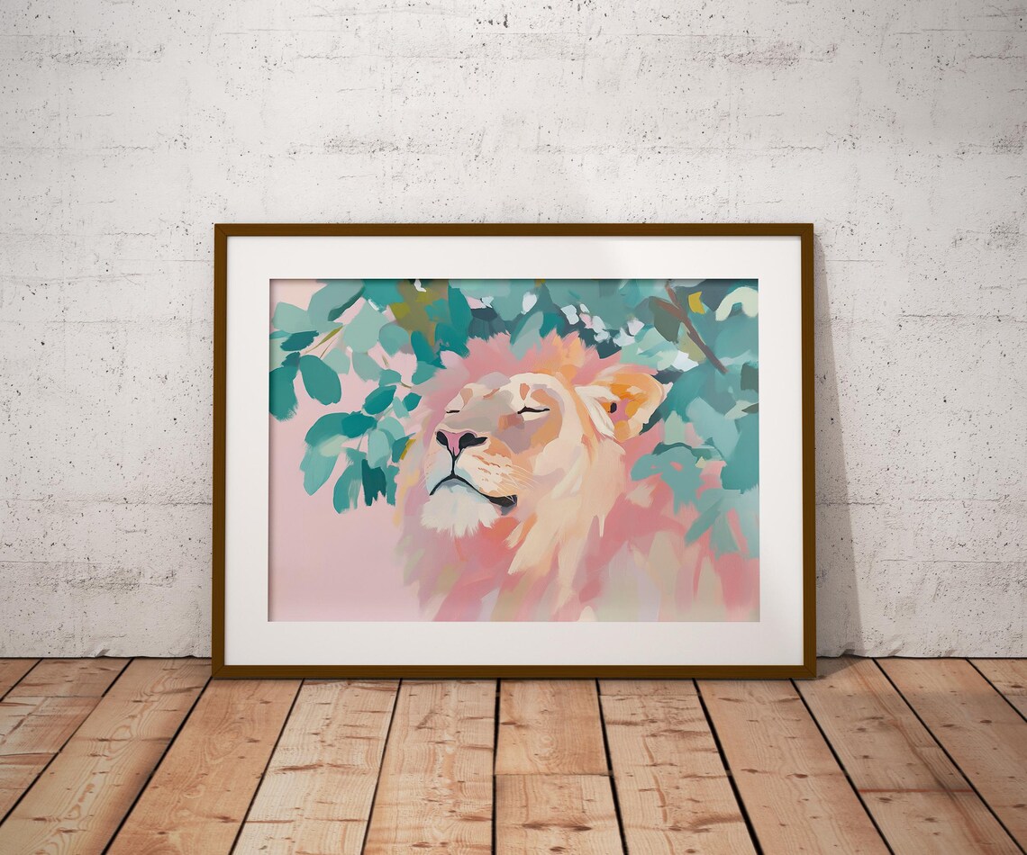 Serene Lion Portrait Resting Under Leaves Pink Teal Pastel Painting Poster - Image 2