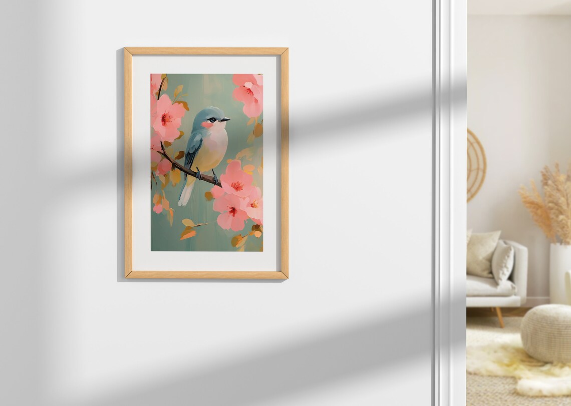Blue Songbird Among Pink Blossoms Pastel Bird Painting Art Poster - Image 2