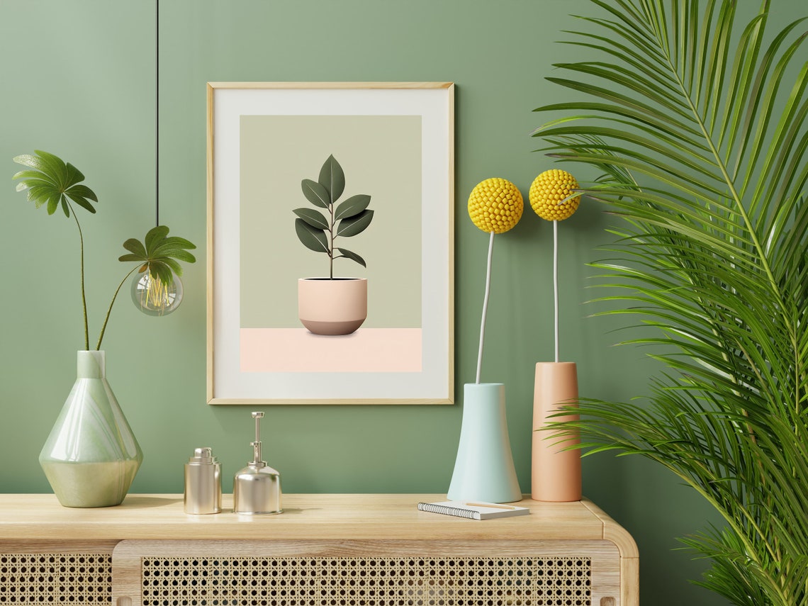 Minimalist Leafy Plant Beige Pot Olive Green Modern Wall Art Print - Image 2