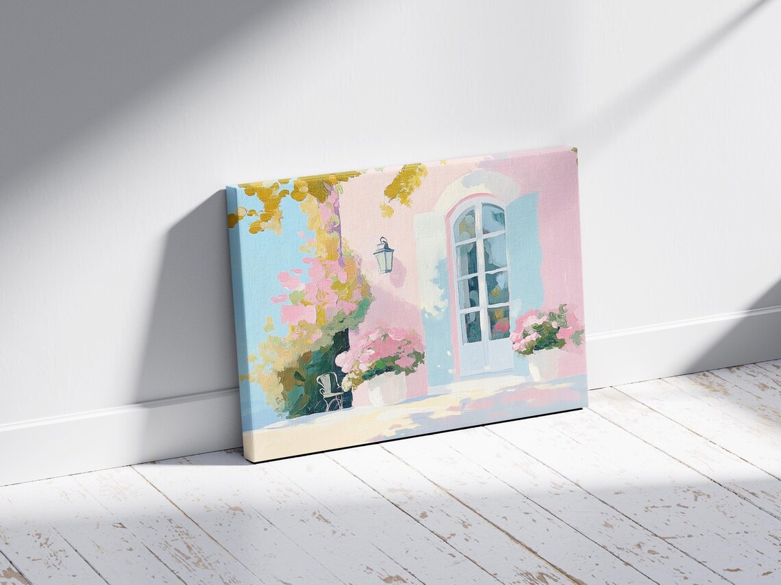 French Countryside Terrace Pink House Blue Shutters Pastel Print - Image 2