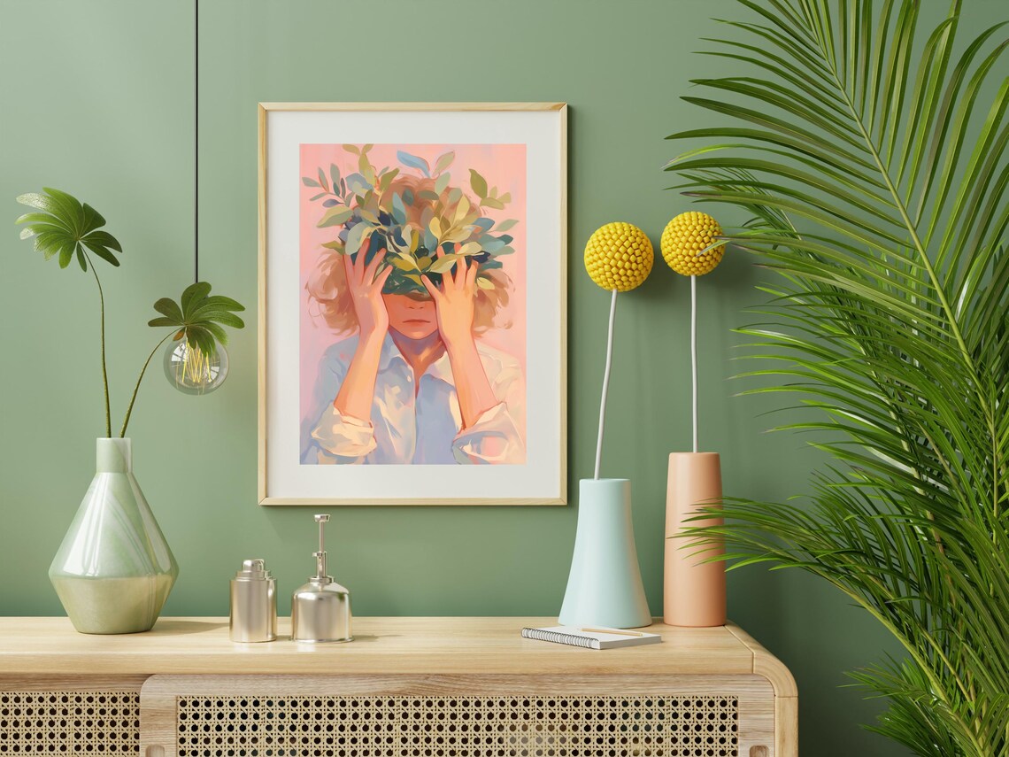 Woman Holding Leafy Branches Over Her Face Blush Pink Art Poster - Image 4