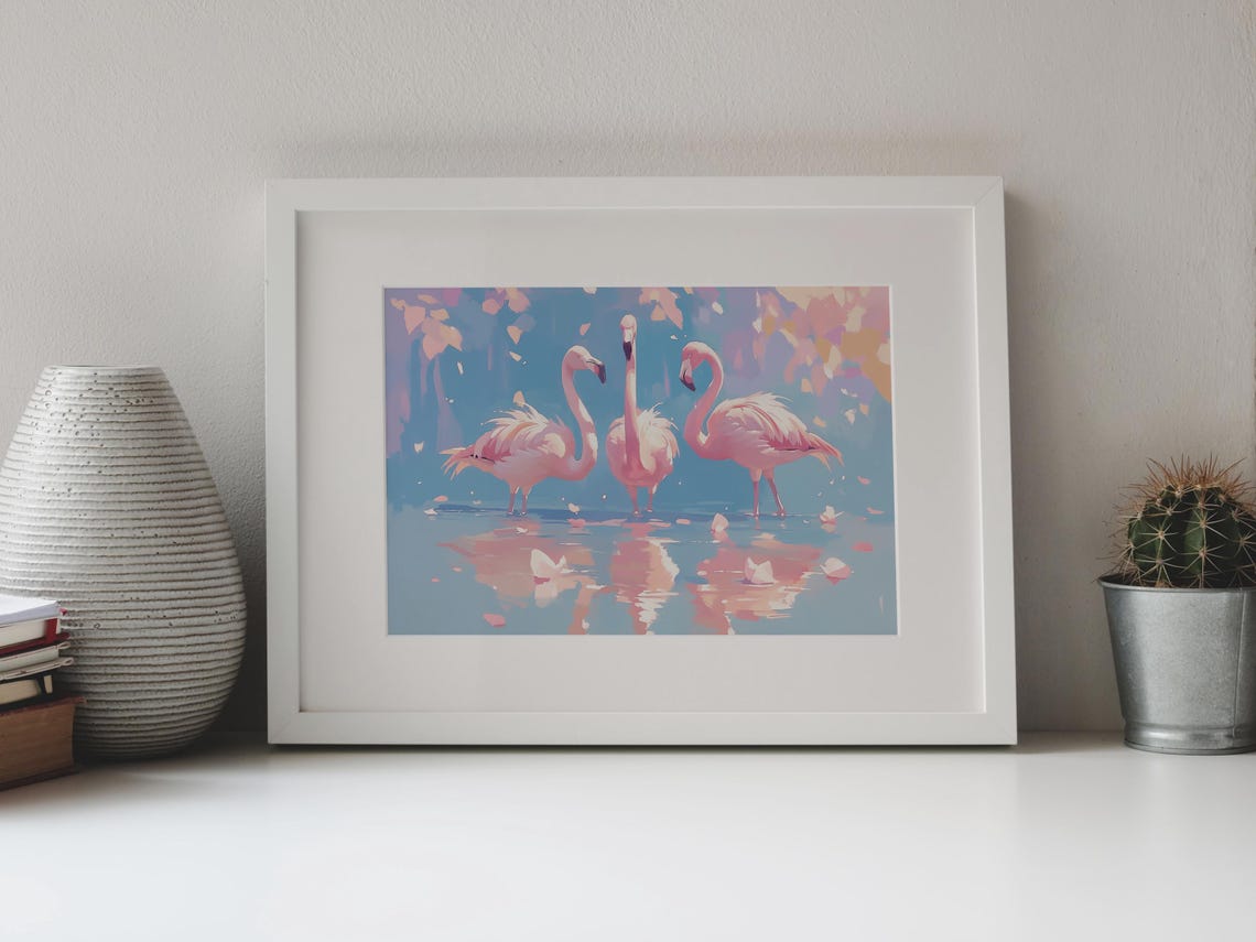 Three Pink Flamingos Shallow Water Reflections Pastel Wildlife Poster - Image 4