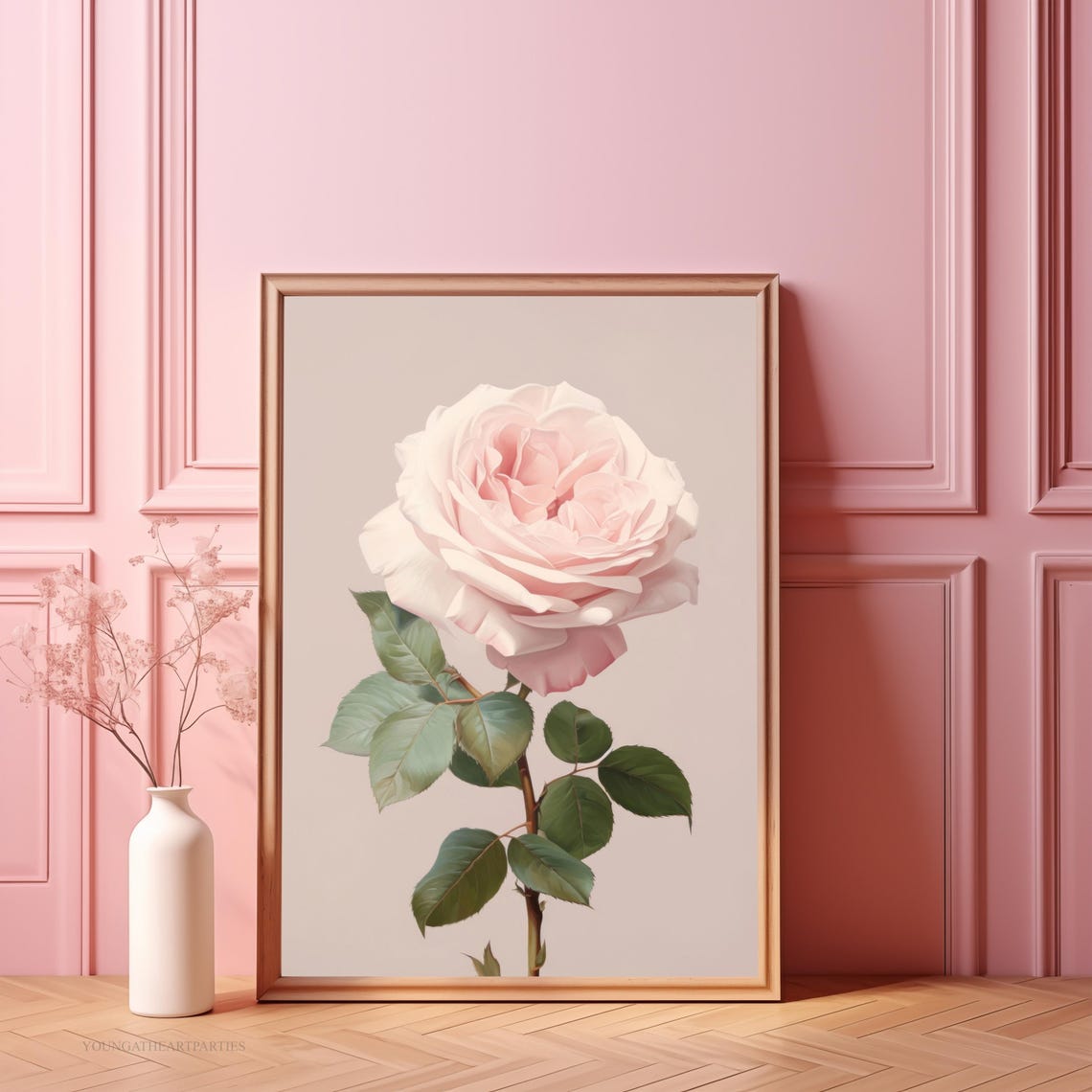 Blush Pink Single Rose Botanical Vintage Style Framed Wall Art - Image 5