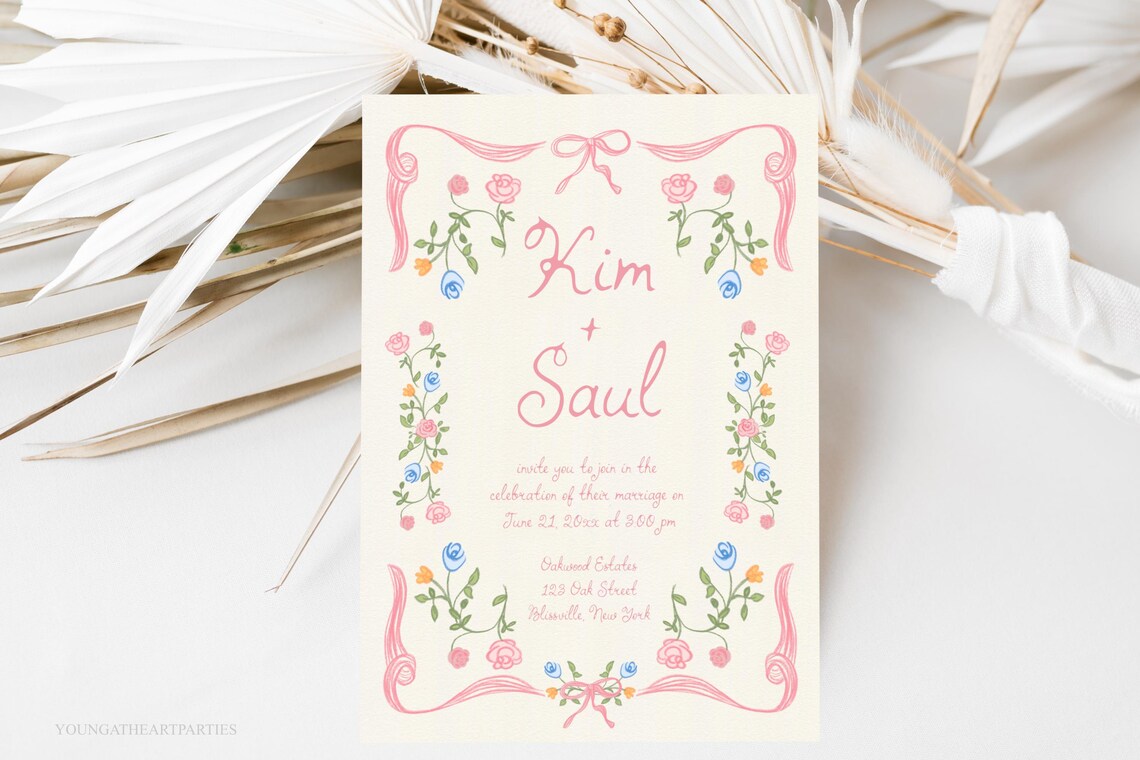 Kim and Saul Pink Floral Wedding Invitation Suite Card Print - Image 5