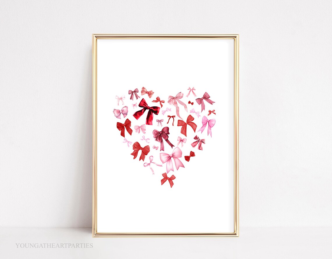 Sweet Watercolor Heart of Red and Pink Bows Valentines Wall Art
