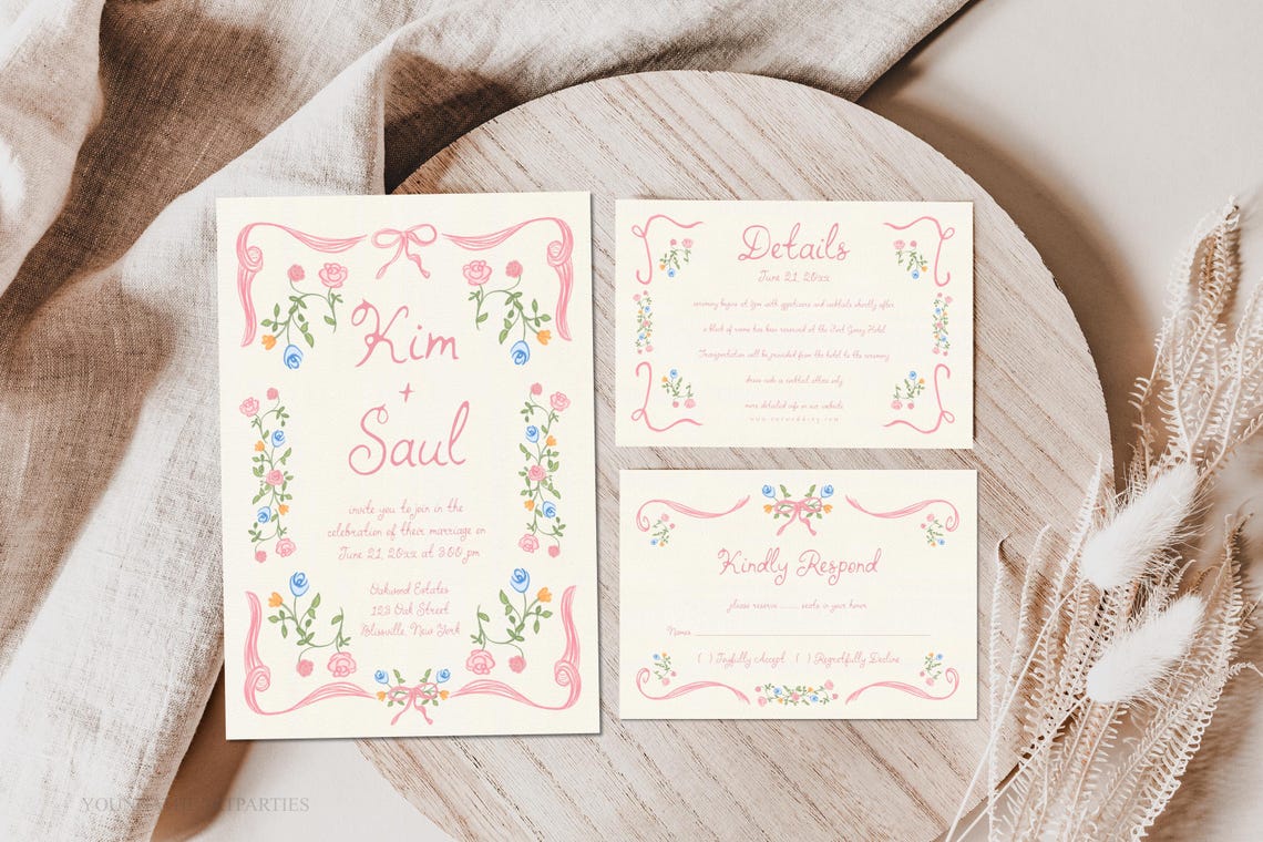 Kim and Saul Pink Floral Wedding Invitation Suite Card Print