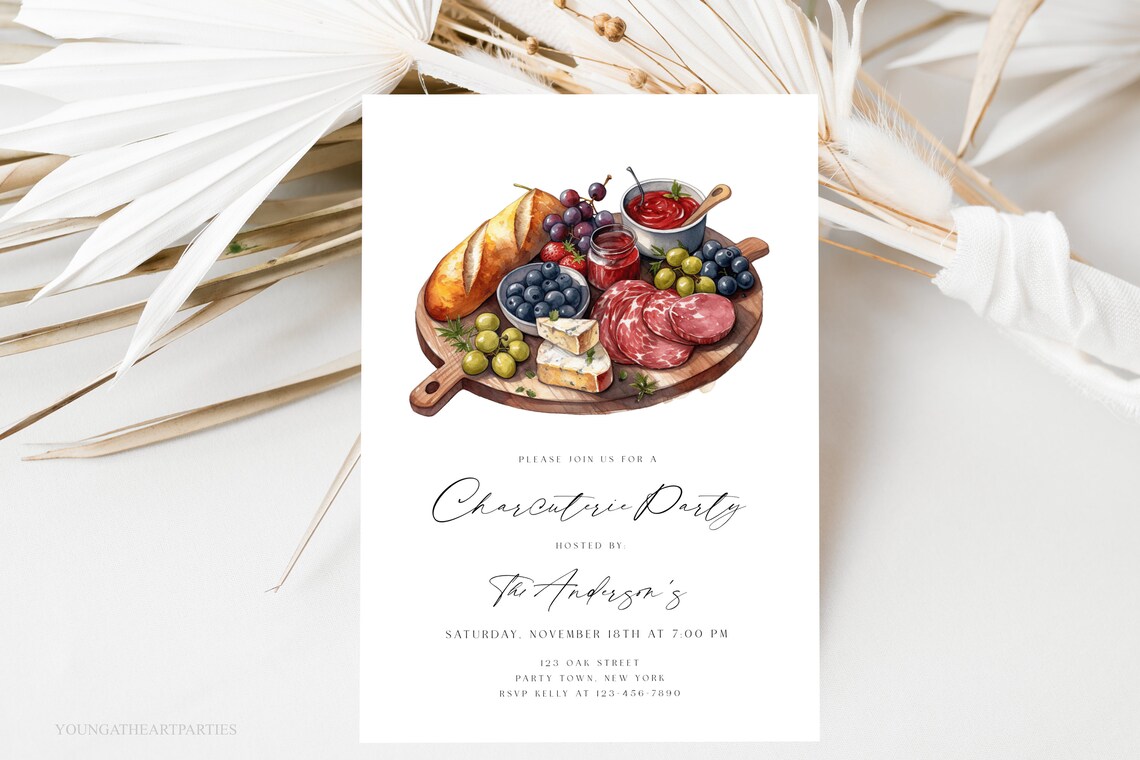 Charcuterie Party Invitation Wine Cheese Watercolor Editable Invite Print