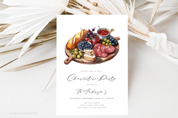 Charcuterie Party Invitation Wine Cheese Watercolor Editable Invite Print