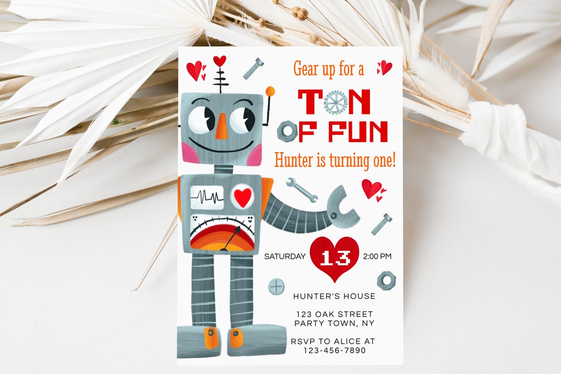 Robot First Birthday Invitation Ton of Fun Hunter Turning One Print