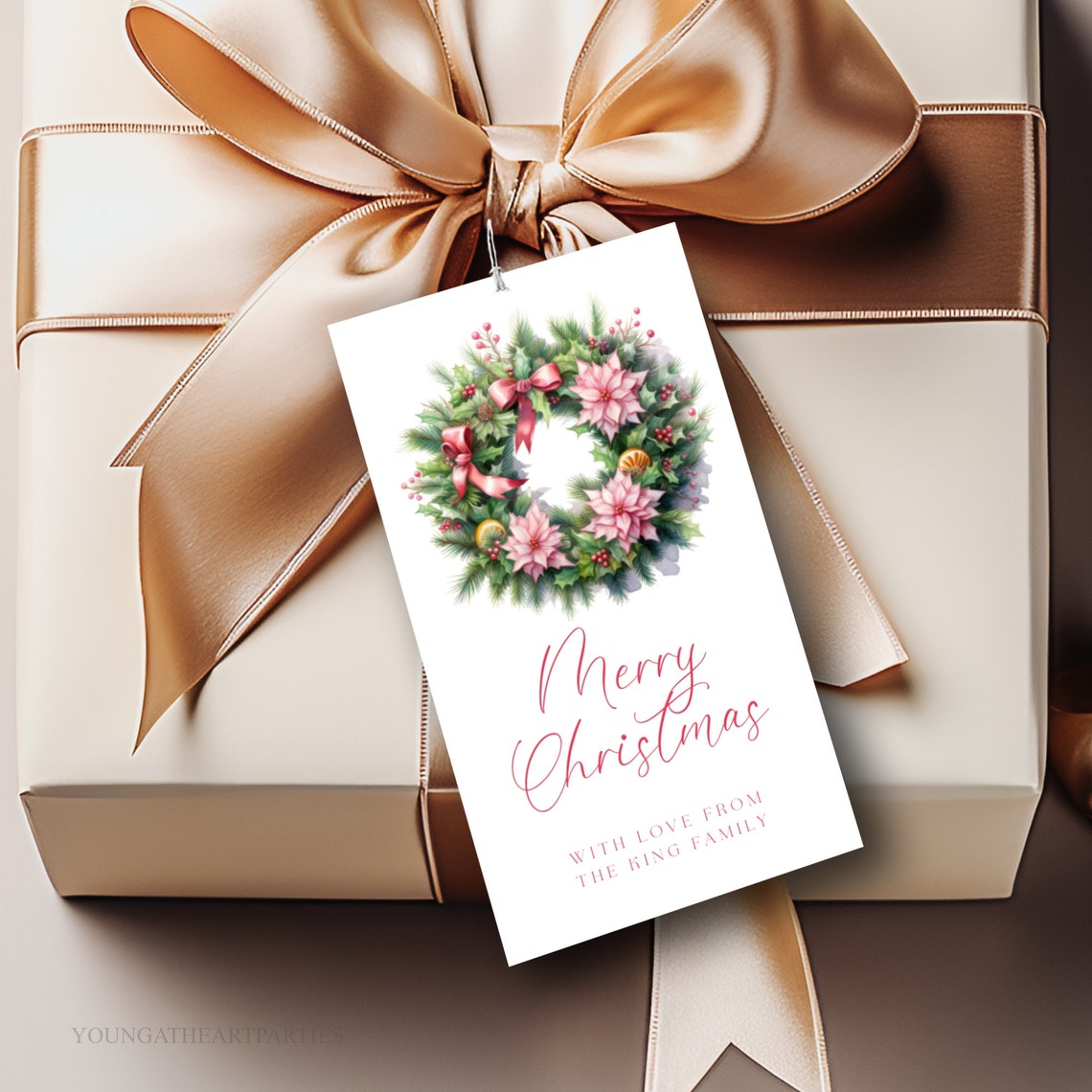 Pink Poinsettia Wreath Merry Christmas Gift Tag Elegant Holiday Print