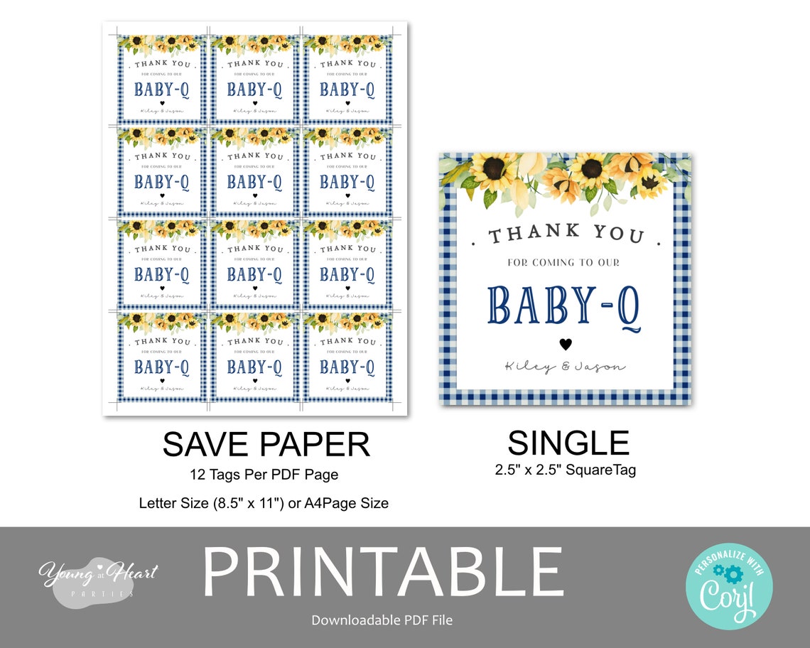 Navy Blue Baby Q Favor Tag Gingham Sunflower BBQ Shower Print - Image 2