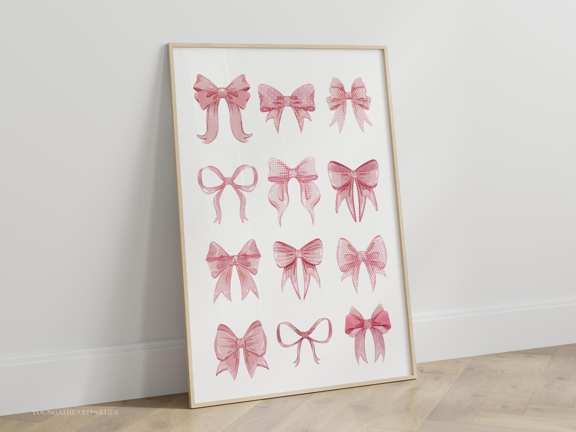 Trendy Pink Bows Watercolor Coquette Collage Girls Room Wall Art - Image 5
