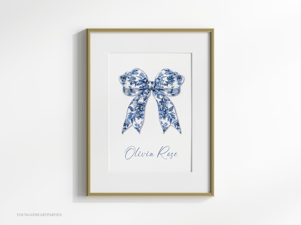 Blue Floral Bow Personalized Baby Girl Nursery Name Wall Art - Image 2