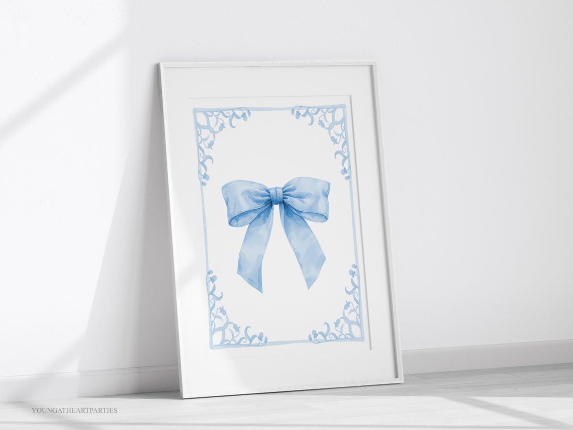 Preppy Blue Bow Watercolor Coquette Hand Drawn Nursery Wall Art - Image 5