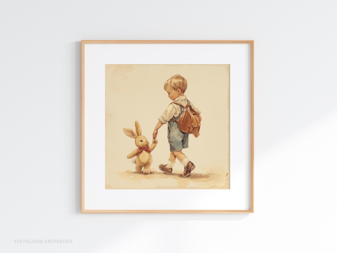 Vintage Boy with Stuffed Bunny First Day School Nursery Art Print - Image 5