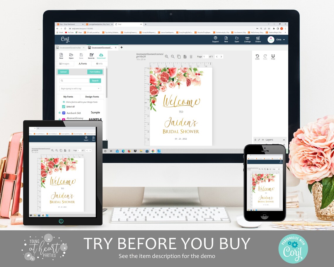 Pink Floral Fruit Bridal Shower Welcome Sign Watercolor Gold Print - Image 3