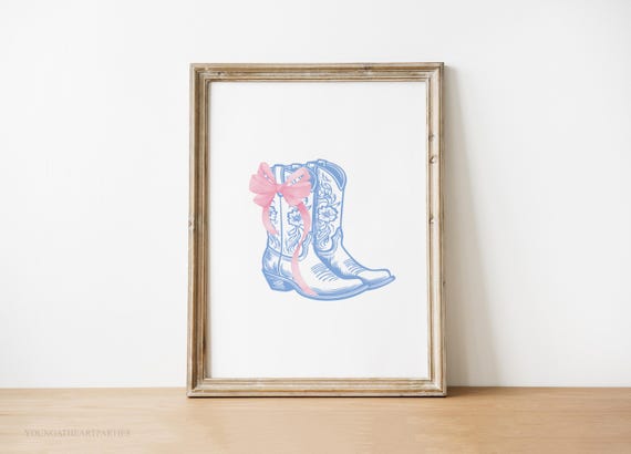 Coquette Blue Cowboy Boots Print Vintage Western Wall Art Cowgirl Poster Wild West Pink Bow Home Decor Trendy Cowgirl Art
