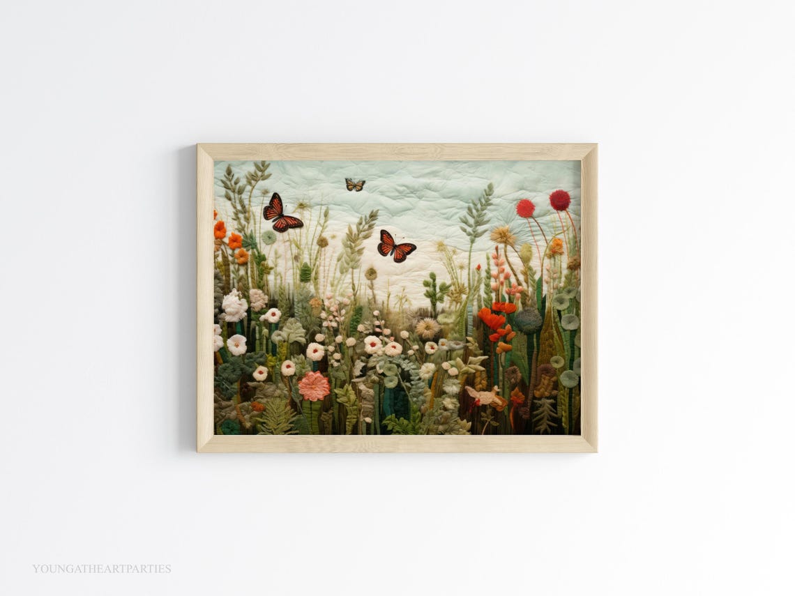 Wildflower Meadow Embroidered Textile Art Monarch Butterflies Print - Image 5