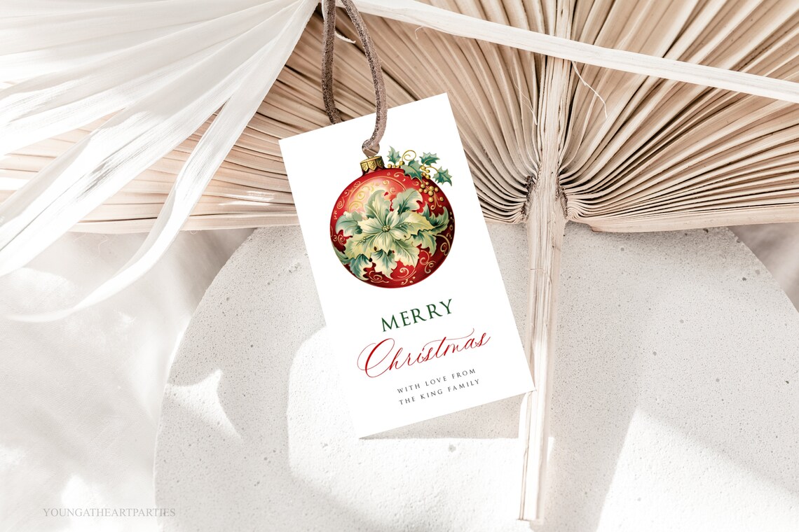 Retro Red Ornament Merry Christmas Gift Tag Vintage Holiday Print - Image 4