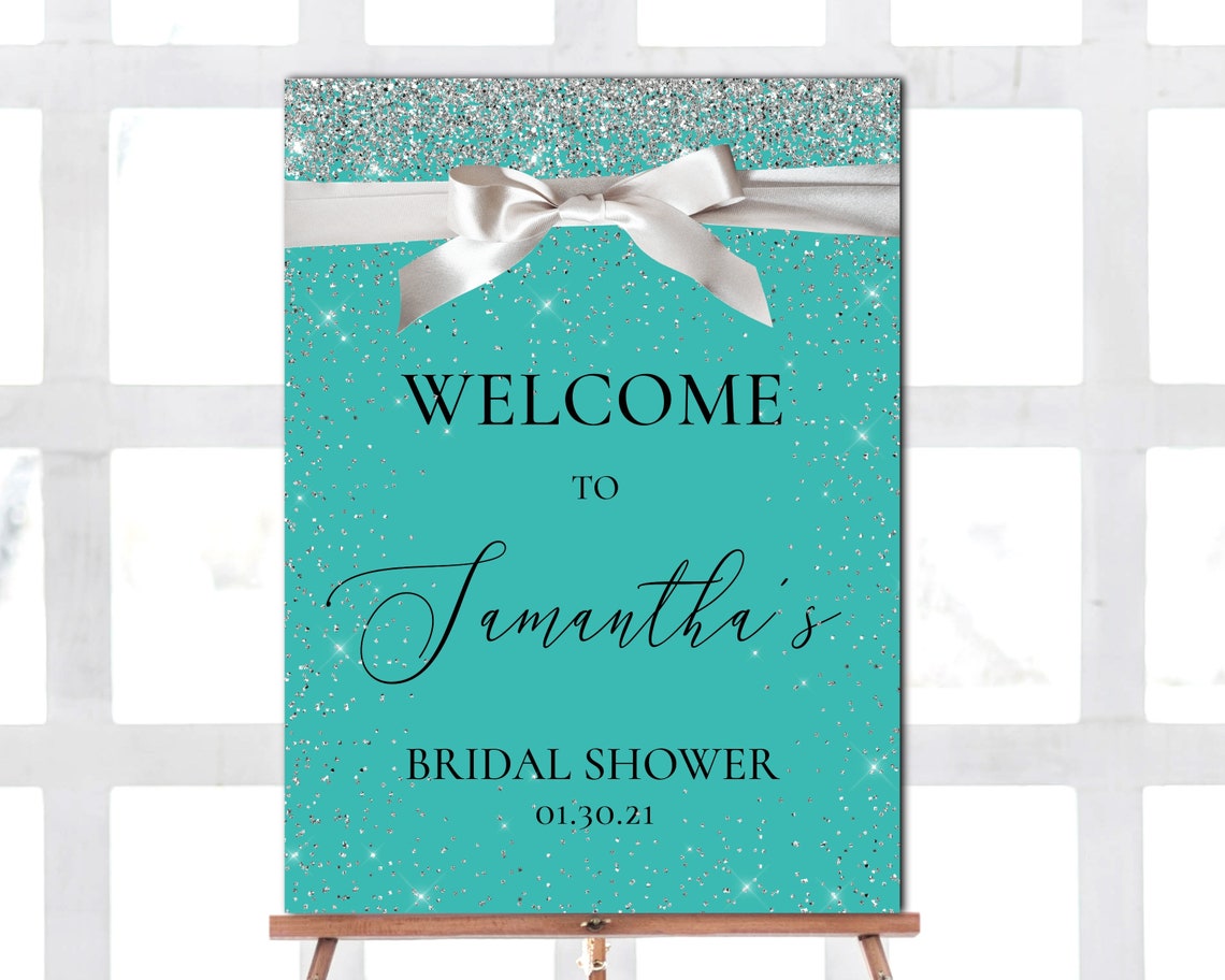Teal Glitter Bridal Shower Welcome Sign Sparkling Bow Decor Print