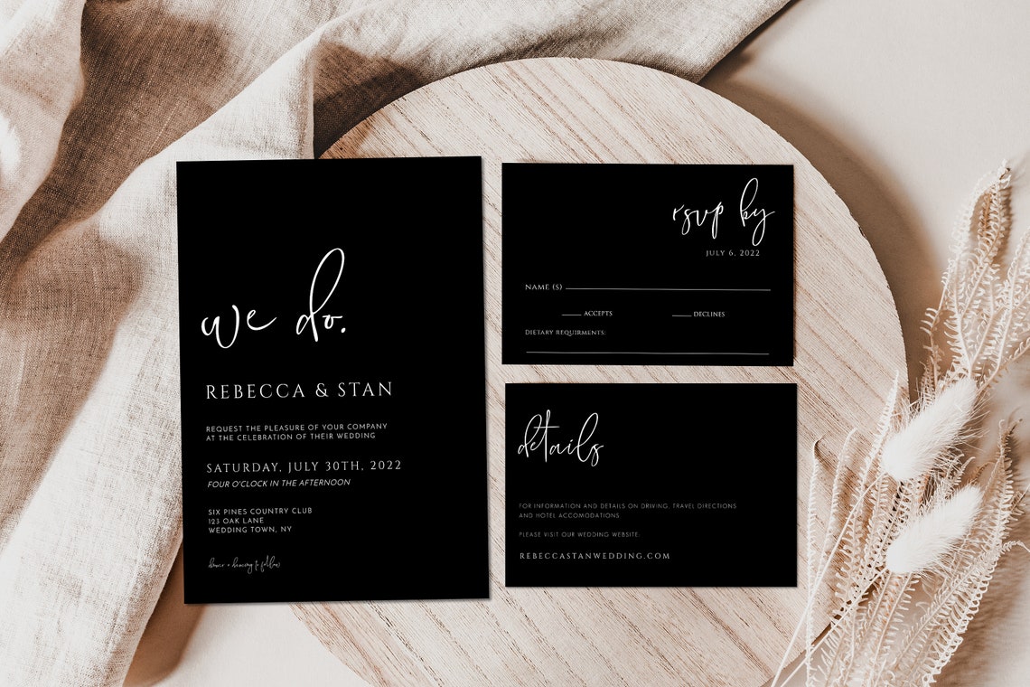 Modern Black Wedding Invitation Suite With RSVP Details Card Poster
