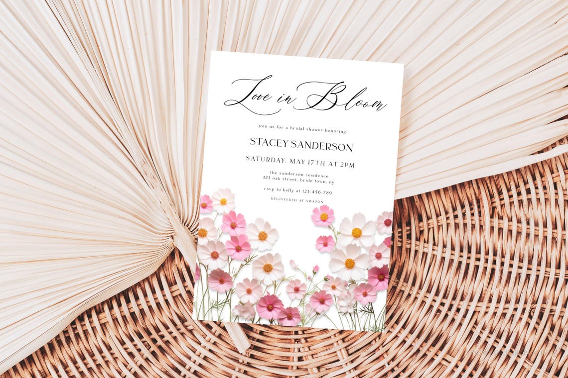 Pink Cosmos Love In Bloom Bridal Shower Invitation Editable Print - Image 4