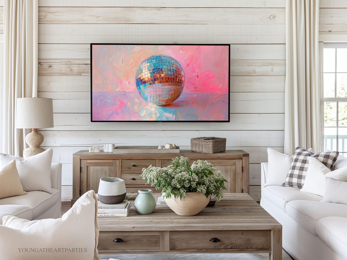 Pink Disco Ball Pastel New Years Eve Glamorous Frame TV Wall Art - Image 4