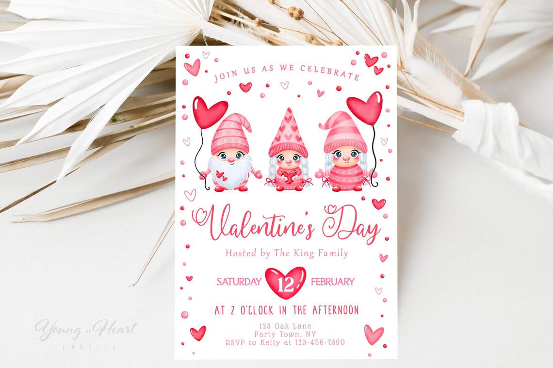 Valentine's Day Pink Gnome Party Invitation Hearts King Family Print