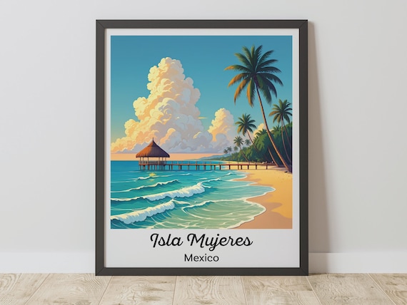 Isla Mujeres Mexico Caribbean Beach Pier Vintage Travel Poster