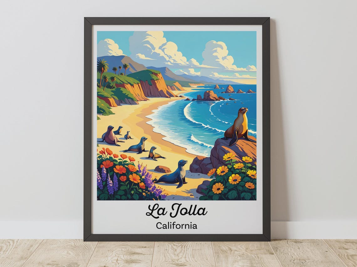 La Jolla California Seals on Beach Vintage Coastal Travel Poster