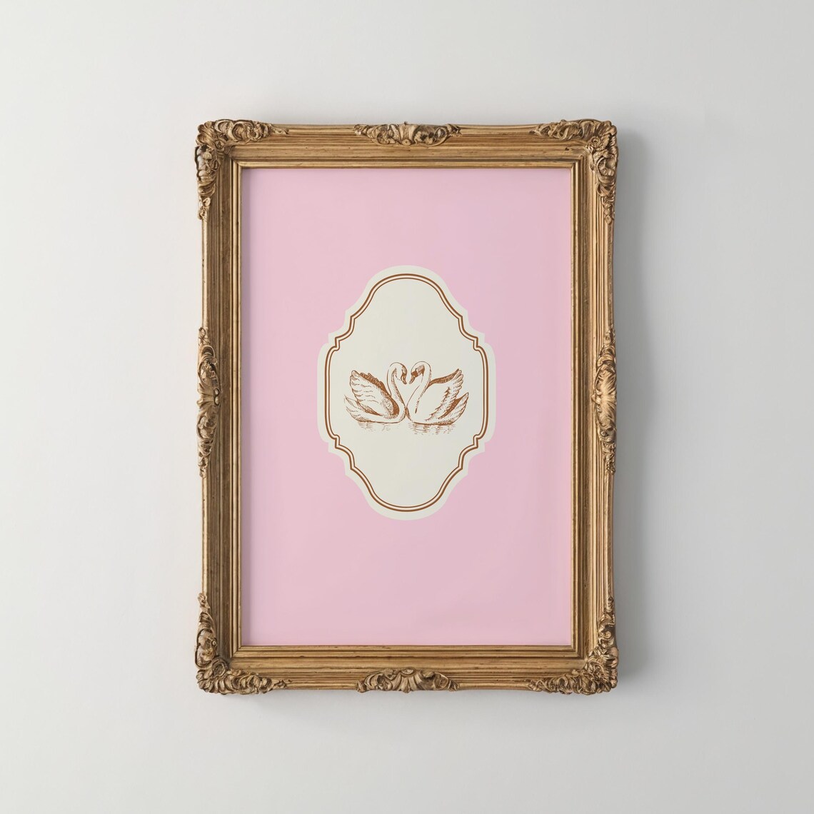 Vintage Swan Pair Heart Motif Pink Ornate Vertical Love Poster