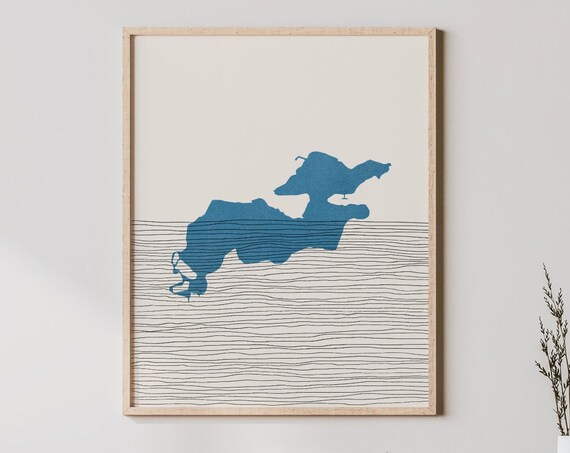 Minimalist Blue Lake Silhouette on Cream Striped Map Art Print