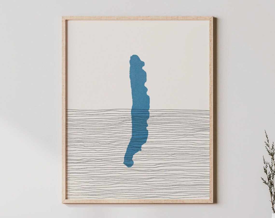 Narrow Blue Lake Silhouette Minimalist Line Art Travel Poster