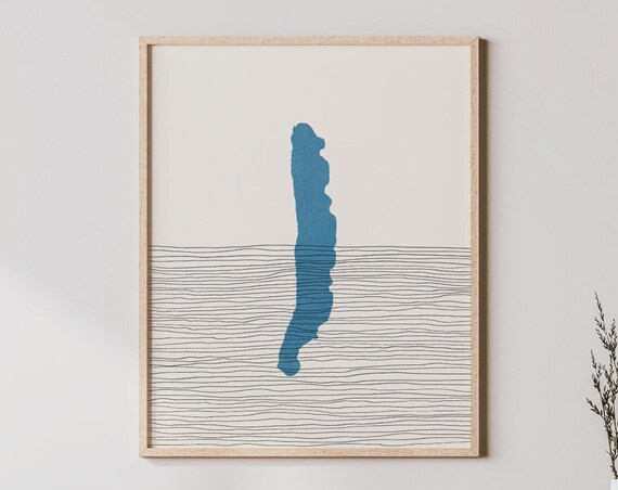 Narrow Blue Lake Silhouette Minimalist Line Art Travel Poster