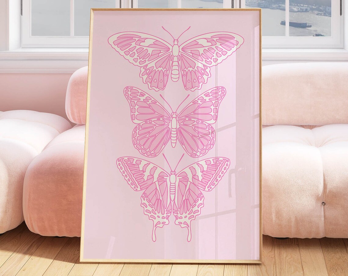 Pink Butterfly Line Art Coquette Aesthetic Preppy Bedroom Wall Poster